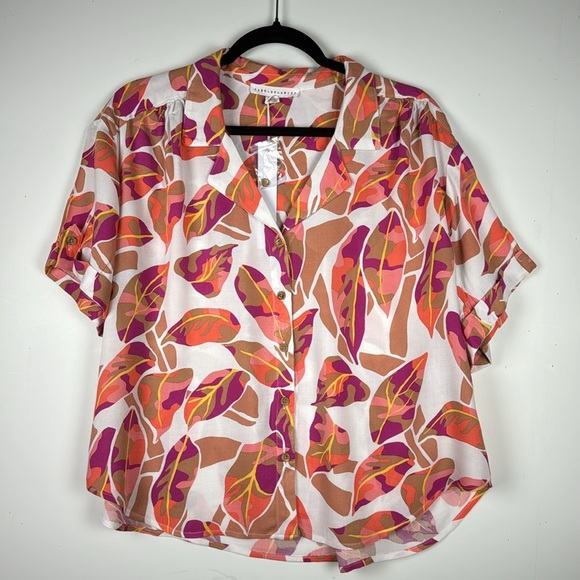 Jane & Delancey top Sz L NWT SS crème Orange  Purple Gold Leaf design button up - Picture 2 of 8
